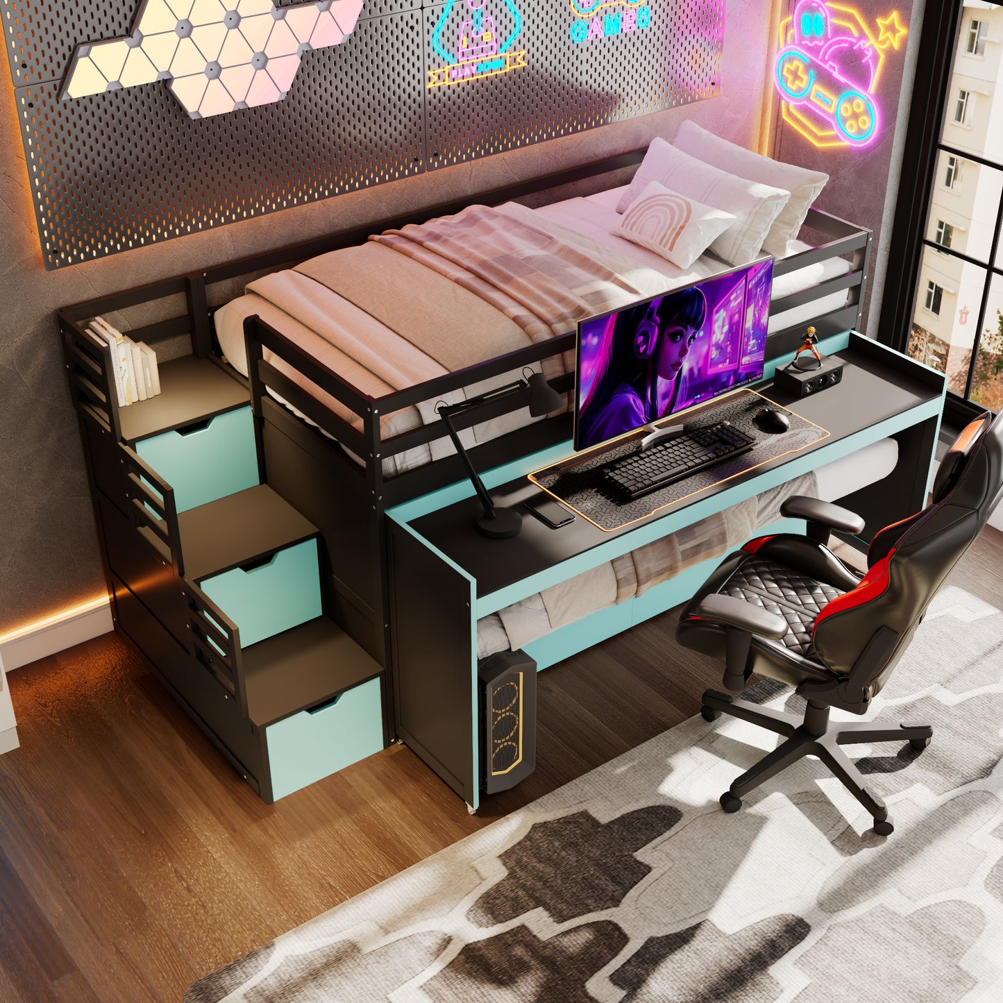 Twin XL Loft Bed with Pull-Out Desk and Twin Trundle, Multi-Functional Bunk Bed with 2 Storage Drawers and Storage Steps, Space-Saving Gaming & Workstation Bedframe, Black+Blue image 1