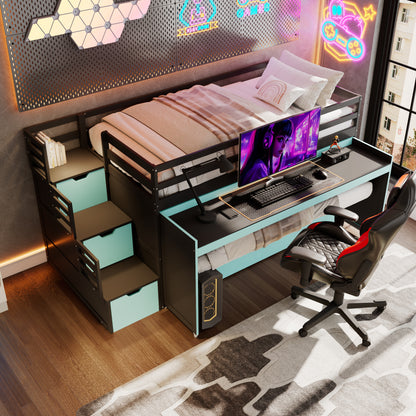 Twin XL Loft Bed with Pull-Out Desk and Twin Trundle, Multi-Functional Bunk Bed with 2 Storage Drawers and Storage Steps, Space-Saving Gaming & Workstation Bedframe, Black+Blue image 1
