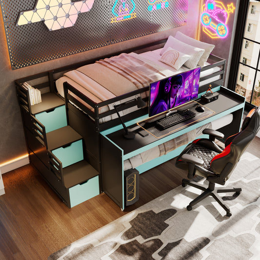 Twin XL Loft Bed with Pull-Out Desk and Twin Trundle, Multi-Functional Bunk Bed with 2 Storage Drawers and Storage Steps, Space-Saving Gaming & Workstation Bedframe, Black+Blue image 1