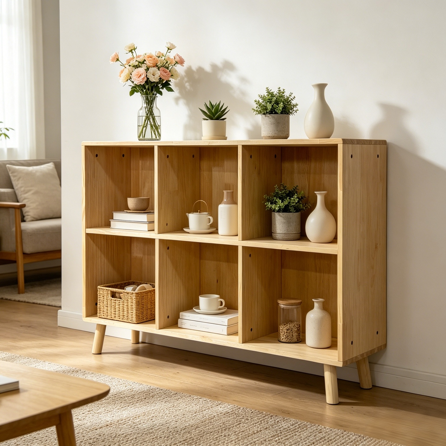 6 Cube Wooden Storage Shelf, Freestanding Open Bookcase with Legs, Natural Solid Wood Cubby Organizer for Living Room, Bedroom, Office, Entryway image 3