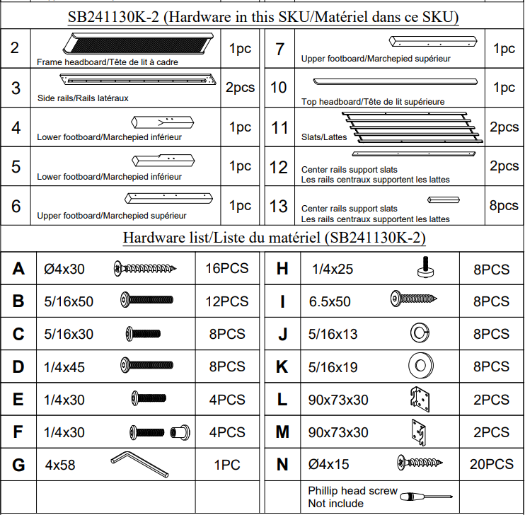 King Size Solid Wood Bed Accessories Package, Including Parts 2, 3, 4, 5, 6, 7, 10, 11, 12, 13, and Hardware, Walnut image 3