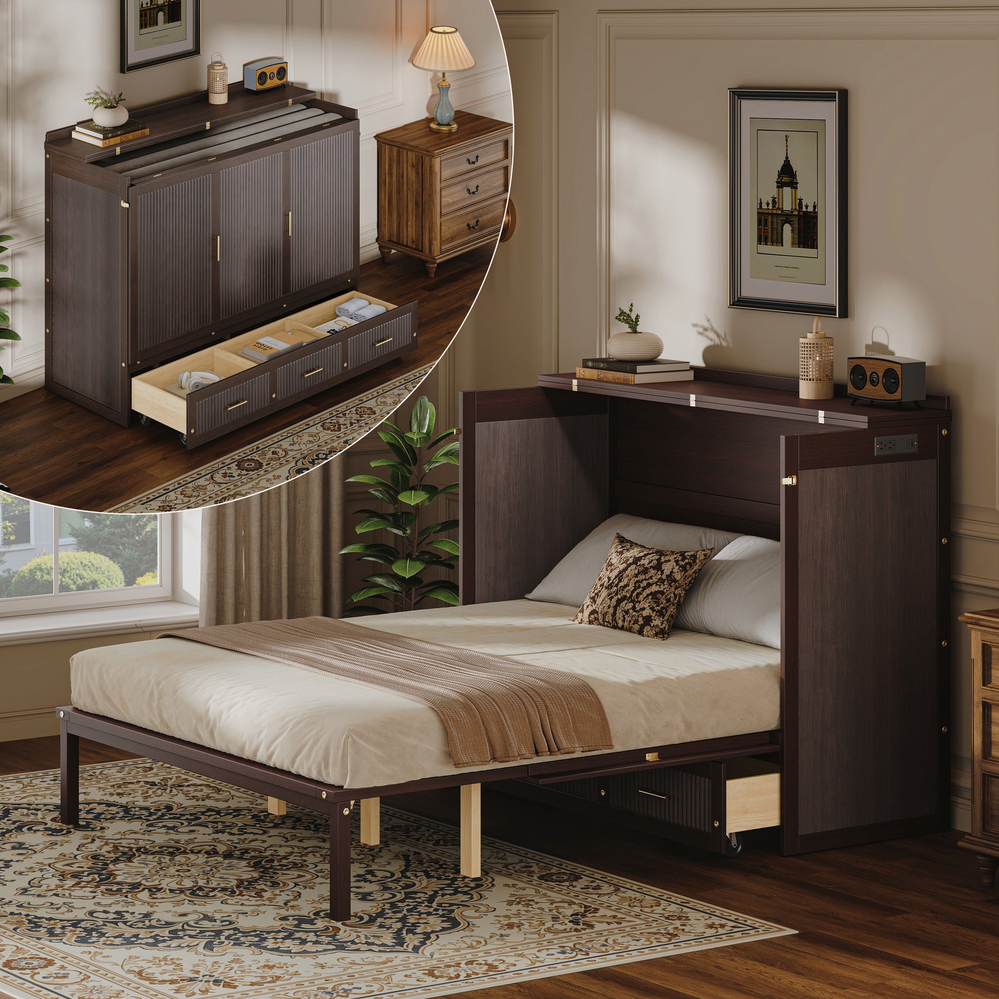 Multifunctional Murphy Bed Cabinet with USB Charging Station, Queen Size Vertical Foldaway Bed with Drawers, Space Saving Hidden Wall Bed with Safety Lock & Anti-Tip Device, Coffee. image 3