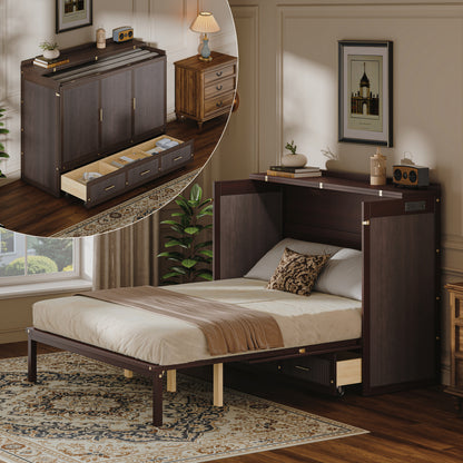 Multifunctional Murphy Bed Cabinet with USB Charging Station, Queen Size Vertical Foldaway Bed with Drawers, Space Saving Hidden Wall Bed with Safety Lock & Anti-Tip Device, Coffee. image 3