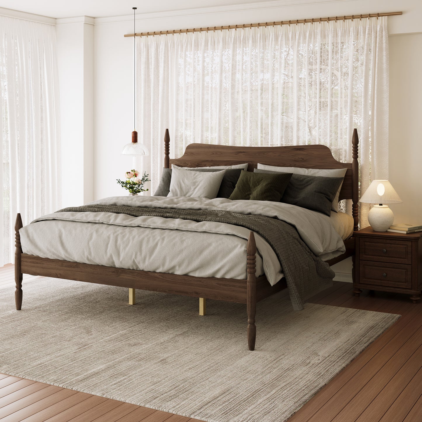 (ETA:6.4-NJ:120) King Size Platform Bed Frame, Spindle Bed with Curved Tall Headboard, No Box Spring Needed, Retro Four Poster Bed, Walnut image 2
