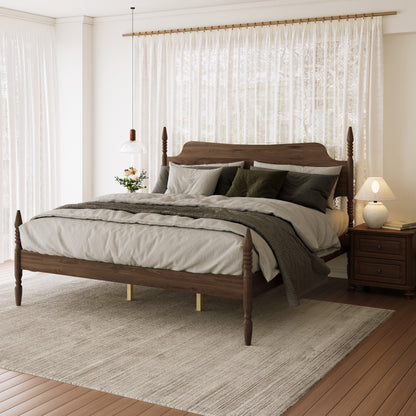 (ETA:6.4-NJ:120) King Size Platform Bed Frame, Spindle Bed with Curved Tall Headboard, No Box Spring Needed, Retro Four Poster Bed, Walnut image 2