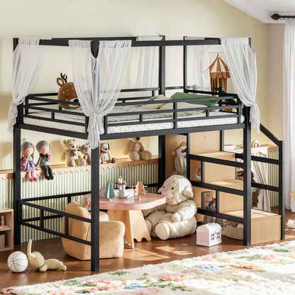 Full Loft Bed with Storage Stairs and Wardrobe, Metal Loft Bed with Canopy Frame, Ample Underbed Spaces Design, Black image 4