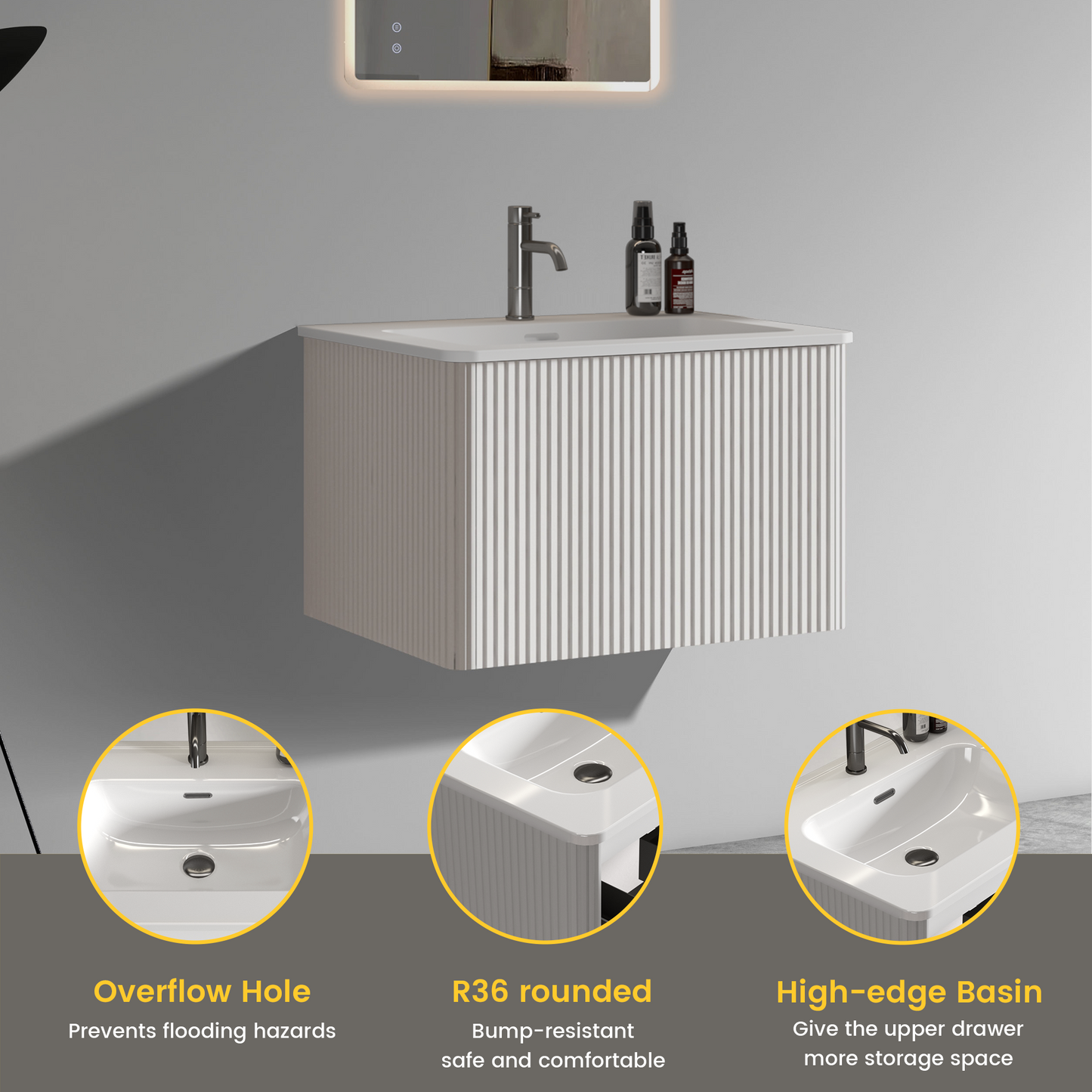 U059-Etna24W-301 Etna 24" Striped Soft White Bathroom Vanity with White Ceramic Sink, Wall Mounted Floating Bathroom Vanity for Modern Bathroom, One-Piece White Sink Basin without Drain, Pre-assembled image 5