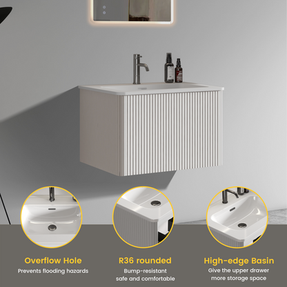 U059-Etna24W-301 Etna 24" Striped Soft White Bathroom Vanity with White Ceramic Sink, Wall Mounted Floating Bathroom Vanity for Modern Bathroom, One-Piece White Sink Basin without Drain, Pre-assembled image 5