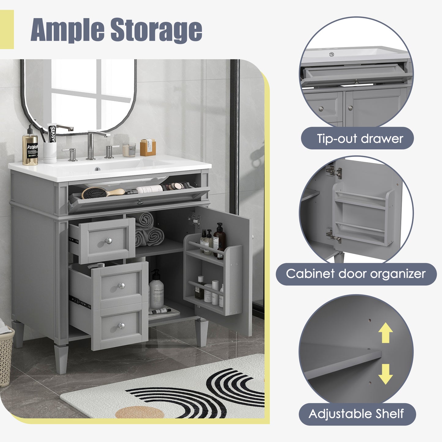 30'' Bathroom Vanity with Top Sink, Modern Bathroom Storage Cabinet with 2 Drawers and a Tip-out Drawer, Single Sink Bathroom Vanity image 5