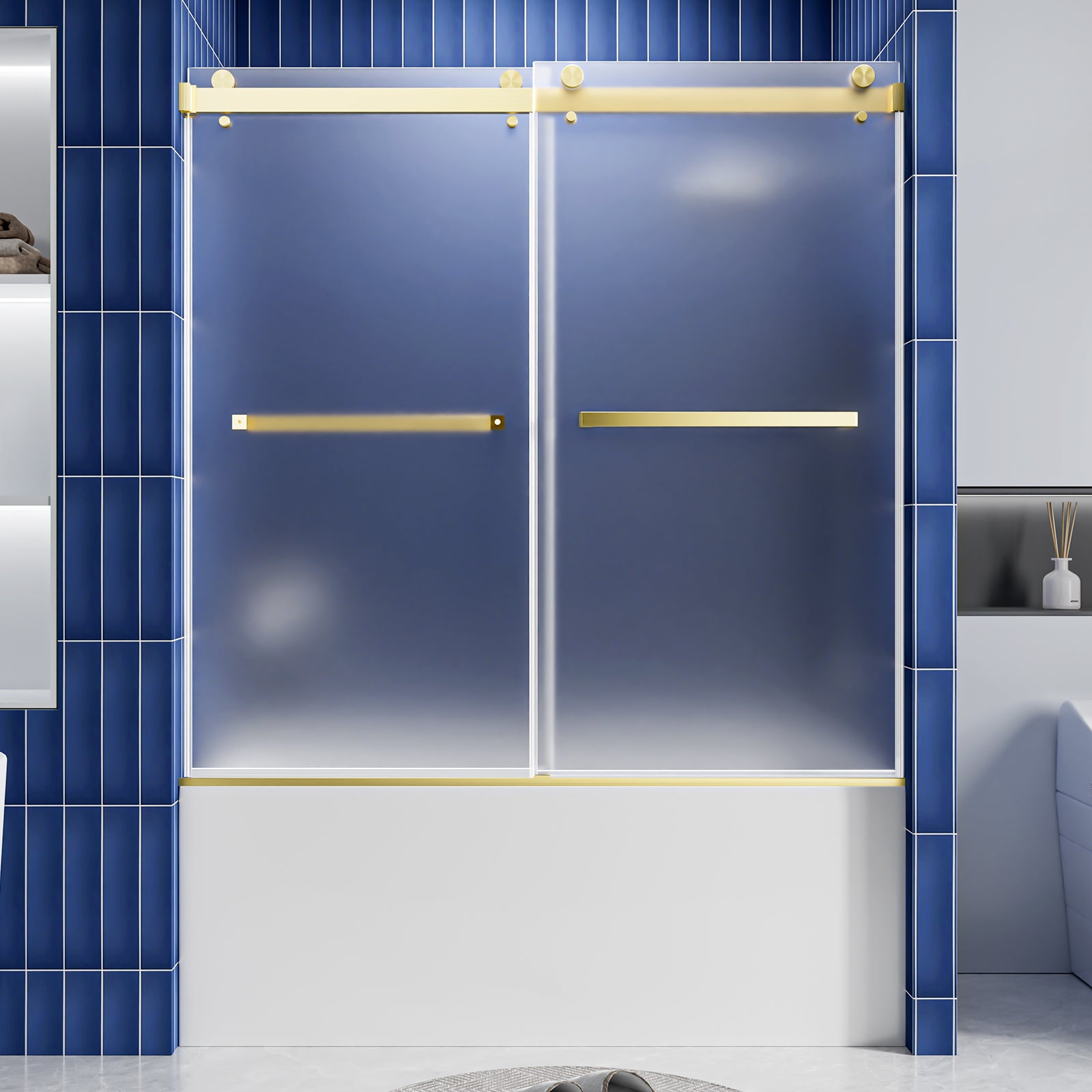 56-60" W x 60" H Frameless Double Sliding Shower Door, Premium 1/4" (6mm) Thick Frosted Ultra-Clear Nano-Coated Tempered Glass, Stainless Steel, Brushed Gold image 1
