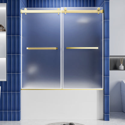 56-60" W x 60" H Frameless Double Sliding Shower Door, Premium 1/4" (6mm) Thick Frosted Ultra-Clear Nano-Coated Tempered Glass, Stainless Steel, Brushed Gold image 1
