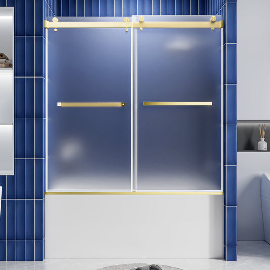 56-60" W x 60" H Frameless Double Sliding Shower Door, Premium 1/4" (6mm) Thick Frosted Ultra-Clear Nano-Coated Tempered Glass, Stainless Steel, Brushed Gold image 1