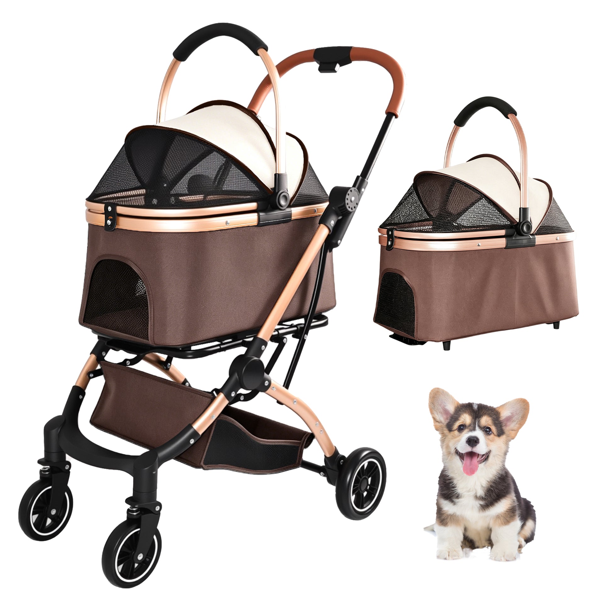 Pet Stroller for Dogs and Cats, 2-in-1 Detachable Foldable 4 Wheels Pet Stroller, Quick One-Hand Fold, Storage Basket, Detachable Carry Basket with Sun Canopy(Khaki++Gold) image 1