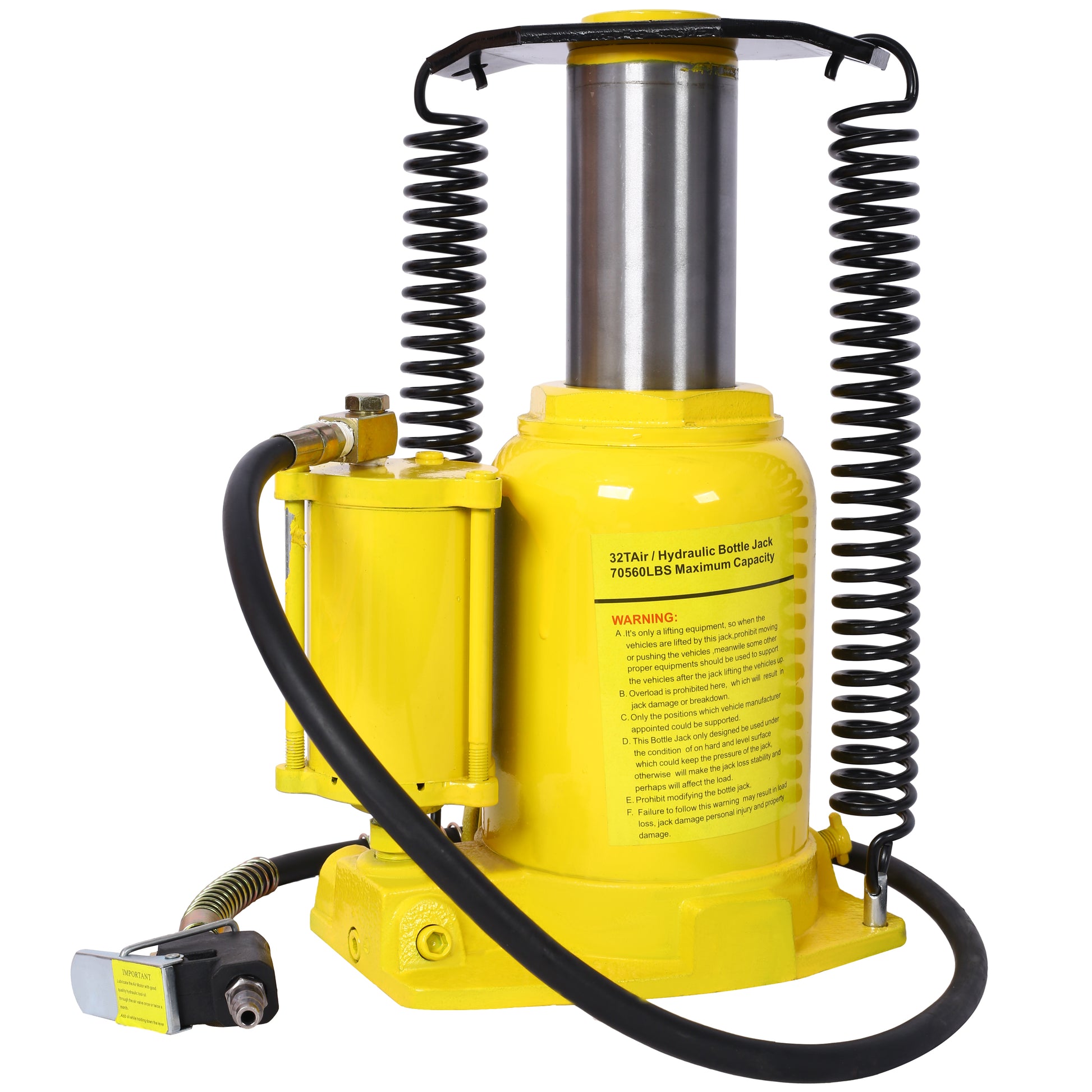 Air Hydraulic Bottle Jack, 32 Ton/70550 LBS All Welded Bottle Jack, 10-16.3 inch Lifting Range, Manual Handle and Air Pump, for Car, Pickup, Truck, RV, Auto Repair, Industrial Engineering,Yellow image 2