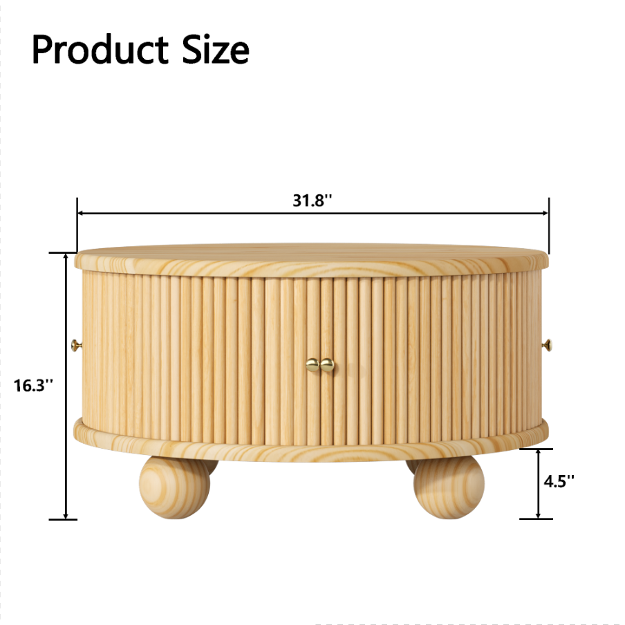 Round Fluted Coffee Table with Storage, Pine Solid Wood, Sliding Door, Natural, 31.8" image 7