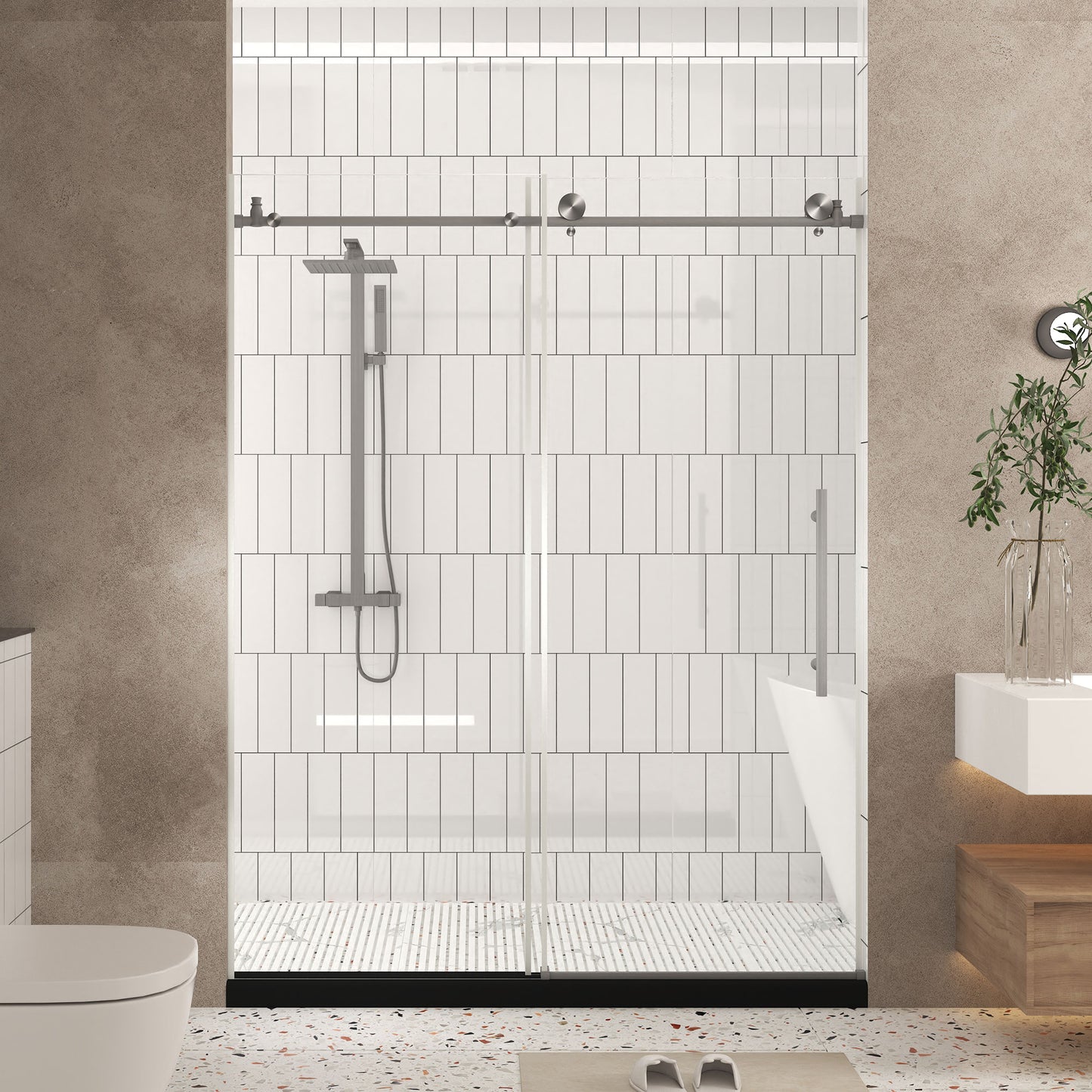 Frameless shower door 56-60 "W x 76" H, 1/4 "(6 mm) Clear Tempered Glass, Explosion Proof Film, Stainless Steel Handle,Brushed Nickel image 1