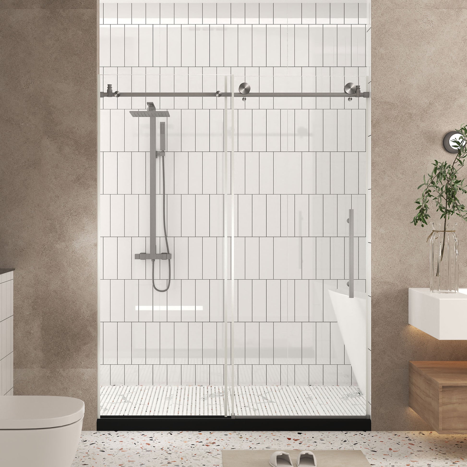 Frameless shower door 56-60 "W x 76" H, 1/4 "(6 mm) Clear Tempered Glass, Explosion Proof Film, Stainless Steel Handle,Brushed Nickel image 1