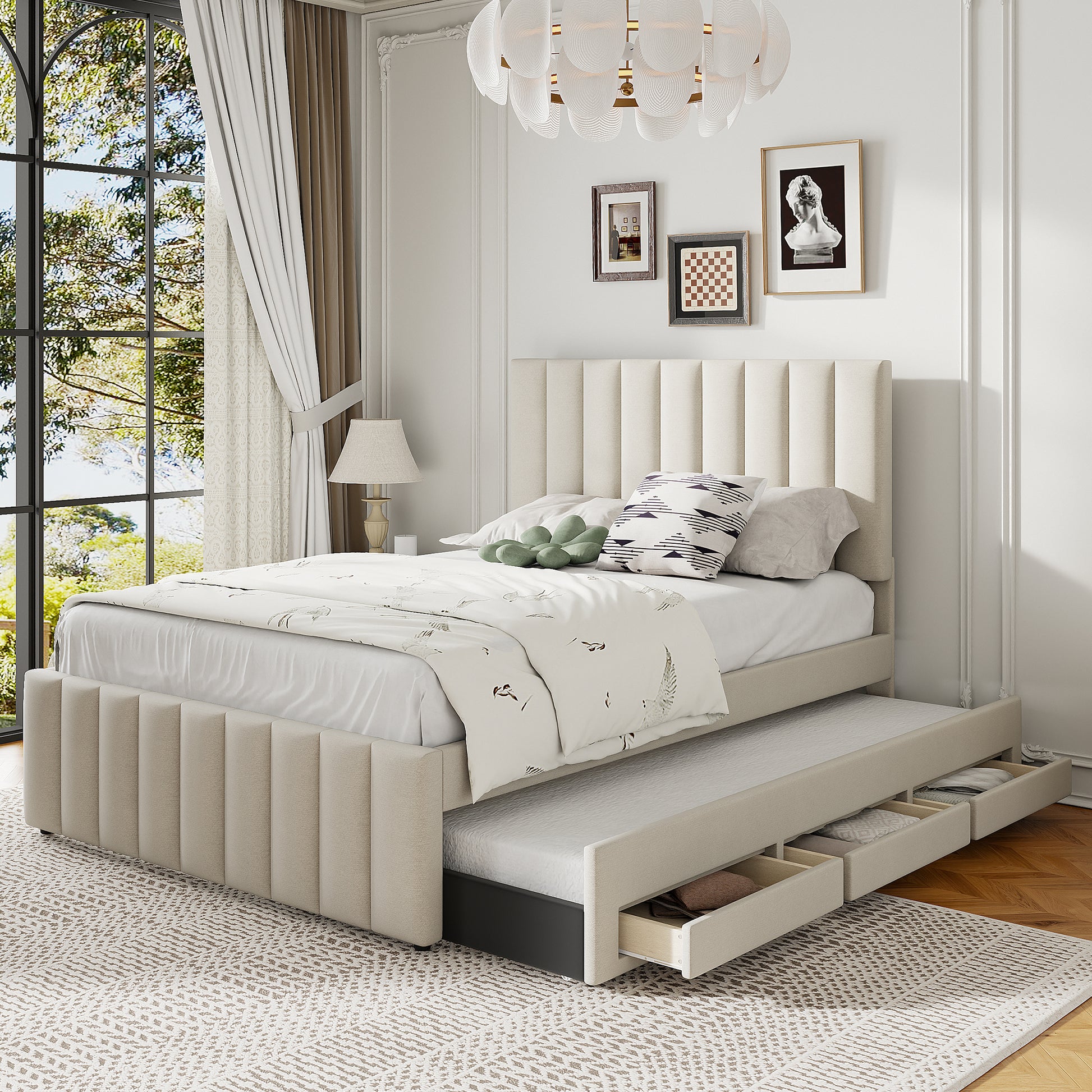 Full Size Upholstered Platform Bed with Twin Size Trundle and 3 Drawers, Linen Fabric, Beige image 1