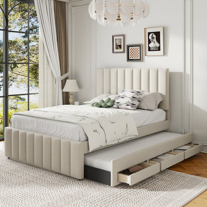 Full Size Upholstered Platform Bed with Twin Size Trundle and 3 Drawers, Linen Fabric, Beige image 1