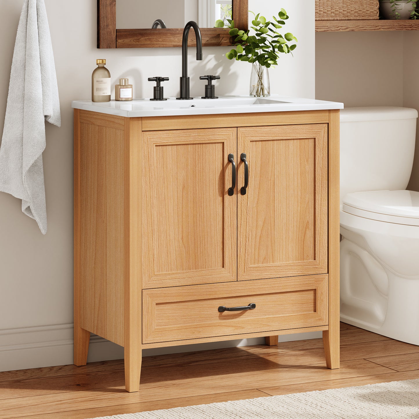 [Video] 30" Natural Wood Grain Bathroom Vanity with Ceramic Sink Top, Solid Wood Legs, Soft-Close Double Doors & Bottom Drawer, Adjustable Interior Shelf, Door-mounted Organizers image 1