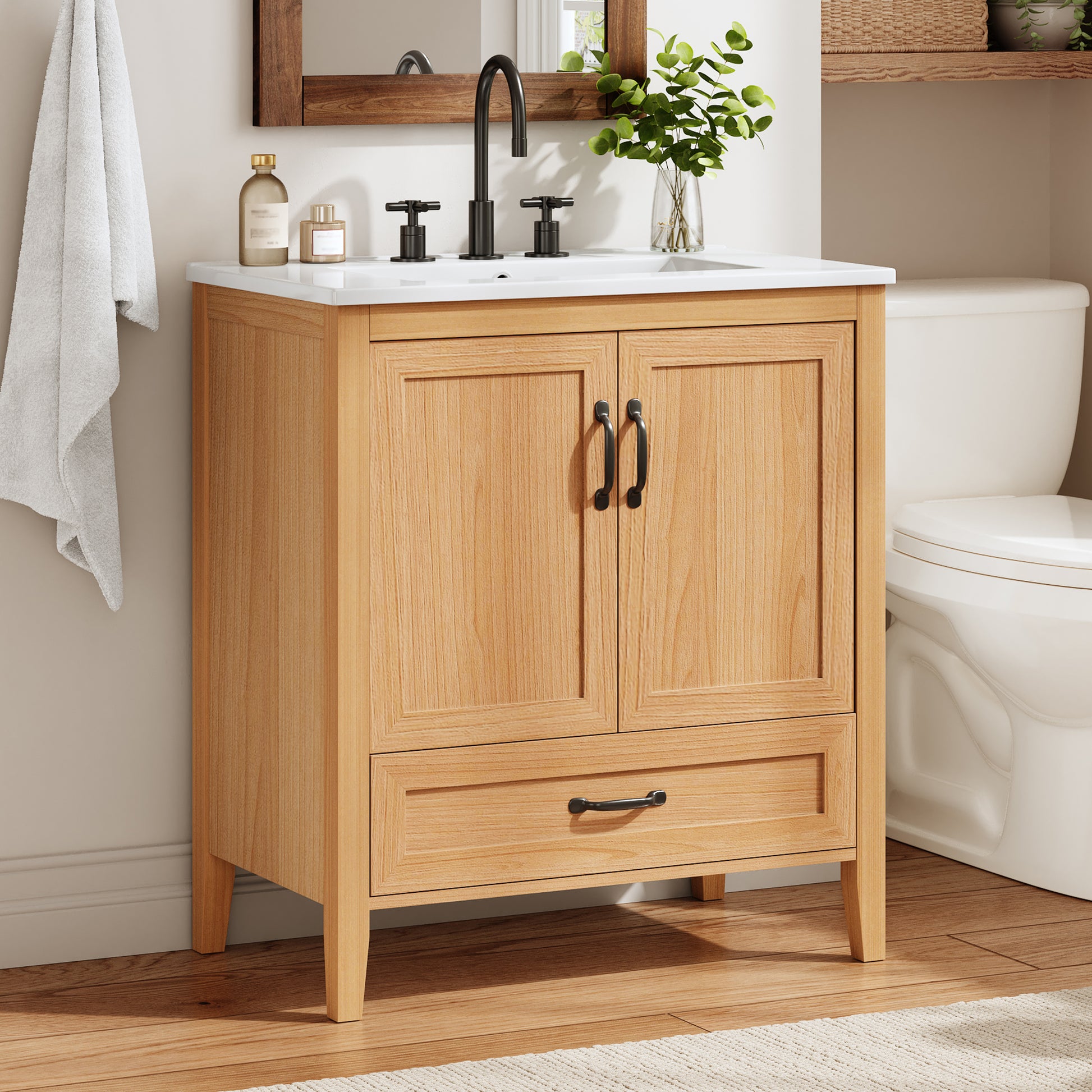 [Video] 30" Natural Wood Grain Bathroom Vanity with Ceramic Sink Top, Solid Wood Legs, Soft-Close Double Doors & Bottom Drawer, Adjustable Interior Shelf, Door-mounted Organizers image 1