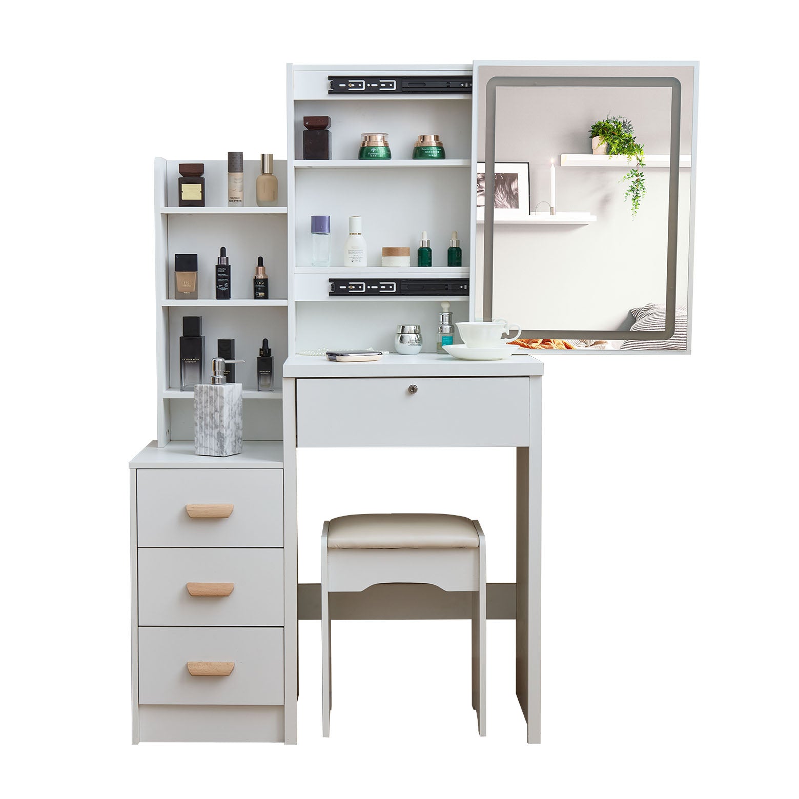 Modern-style white vanity set includes LED-lit mirror, bedroom makeup table with storage and cushioned stool; suitable for teens and adults home dressing rooms/bedrooms image 11