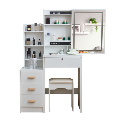Modern-style white vanity set includes LED-lit mirror, bedroom makeup table with storage and cushioned stool; suitable for teens and adults home dressing rooms/bedrooms image 11