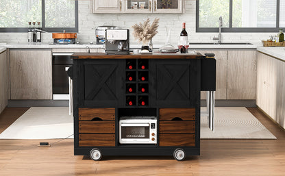 K&K 54" Farmhouse Kitchen Island with Drop Leaf, Power Outlet, Kitchen Storage Cart with 2 Doors, 2 Drawers, Rolling Kitchen Island on 4 Large Wheels with Spice Rack for Kitchen, Dining Room, Black image 9