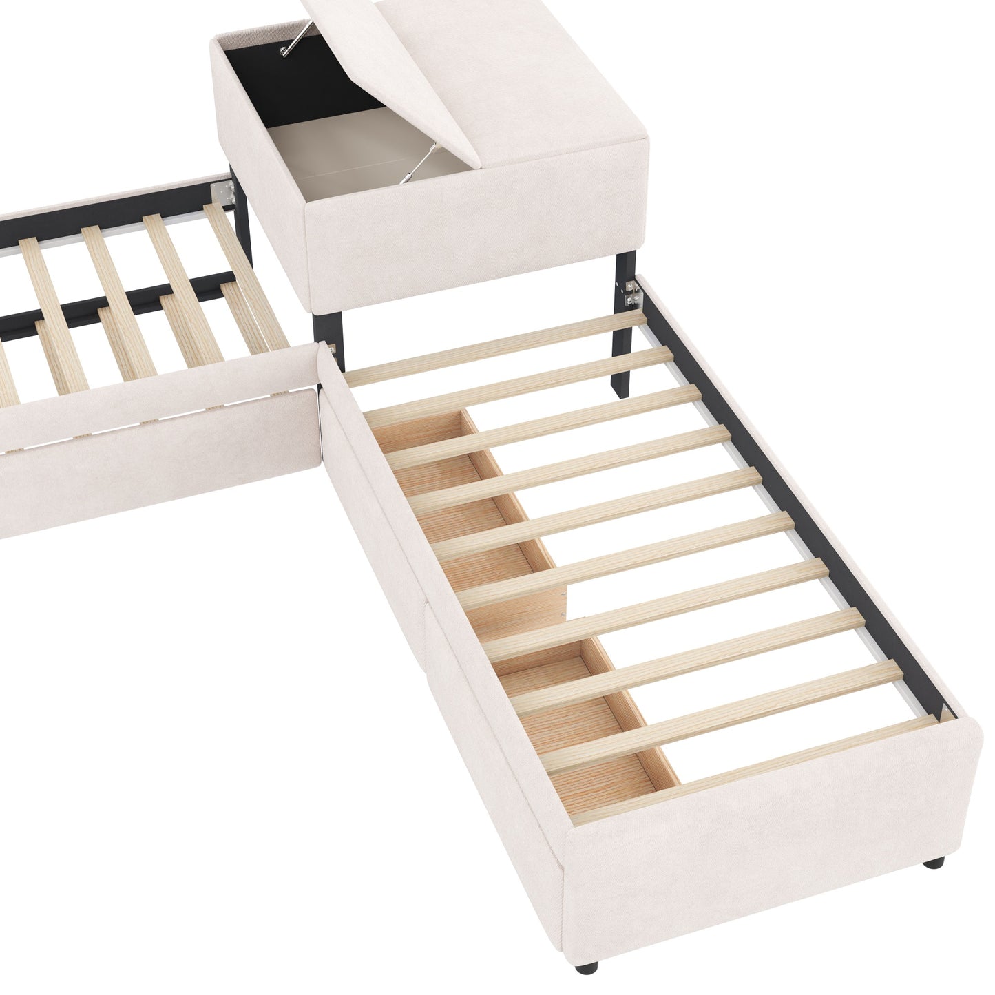 L-shaped Upholstered Platform Bed with Trundle and Two Drawers Linked with built-in Desk,Twin,Beige image 5
