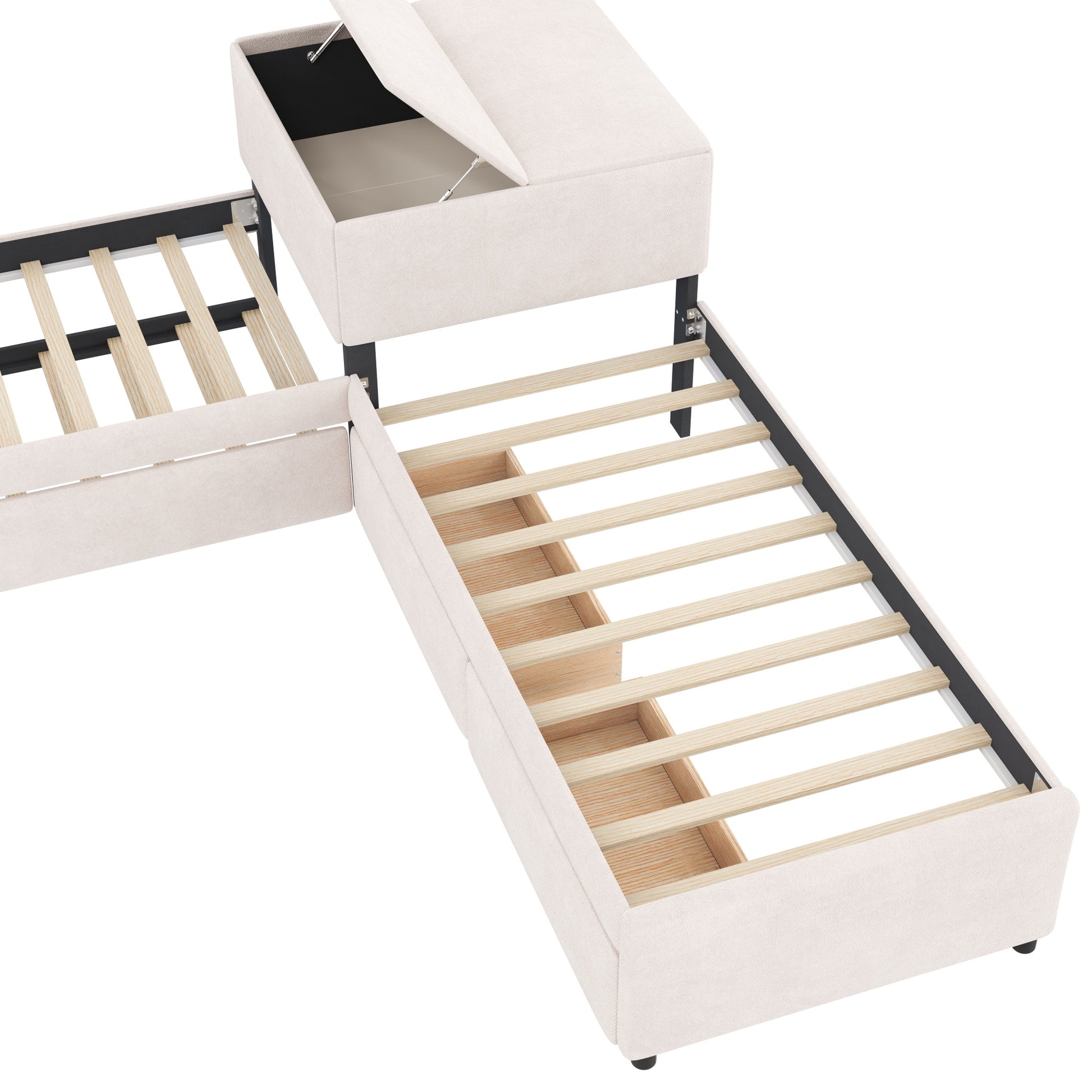 L-shaped Upholstered Platform Bed with Trundle and Two Drawers Linked with built-in Desk,Twin,Beige image 5