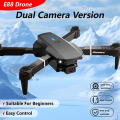 E88 Drone With Dual Camera, Mobile App Control, Indoor Flying Toy RC Plane With Video Function - Ideal Gift For Beginners, Christmas Halloween Thanksgiving Birthday Gift (Black+Dual Batteries)