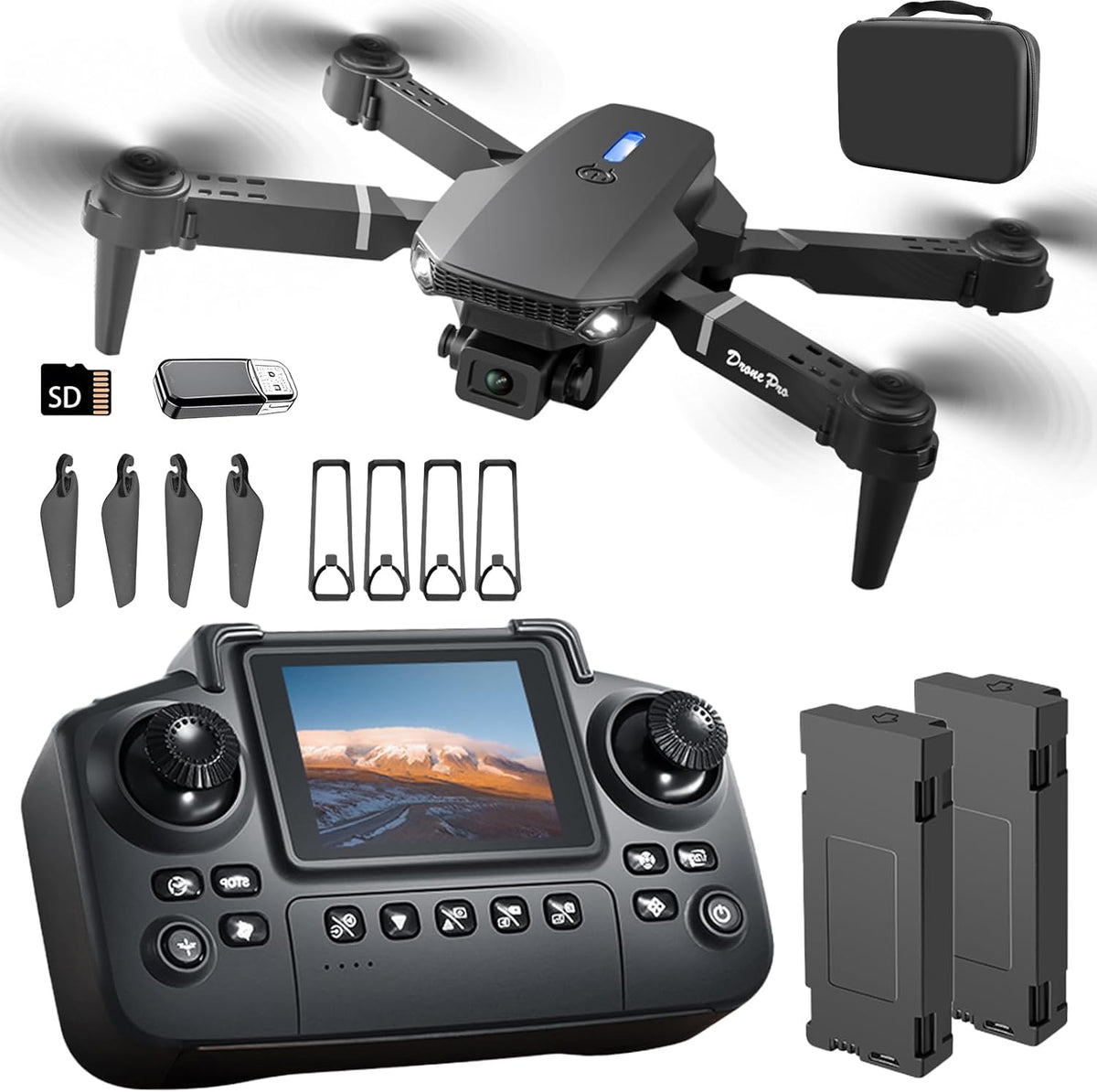 E88 Drone with Screen Controller with SD card, Foldable Mini Drone for Beginners, 2 Batteries, 360° Flips Waypoint Fly, Active Obstacle Avoidance, One Key Take Off/Landing. (2 batteries - Black)