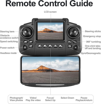 E88 Drone with Screen Controller with SD card, Foldable Mini Drone for Beginners, 2 Batteries, 360° Flips Waypoint Fly, Active Obstacle Avoidance, One Key Take Off/Landing. (2 batteries - Black)