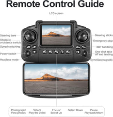 E88 Drone with Screen Controller with SD card, Foldable Mini Drone for Beginners, 2 Batteries, 360° Flips Waypoint Fly, Active Obstacle Avoidance, One Key Take Off/Landing. (2 batteries - Black)