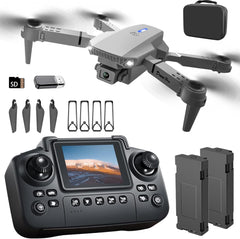 E88 Drone with Screen Controller with SD card, Foldable Mini Drone for Beginners, 2 Batteries, 360° Flips Waypoint Fly, Active Obstacle Avoidance, One Key Take Off/Landing. (2 batteries - Black)