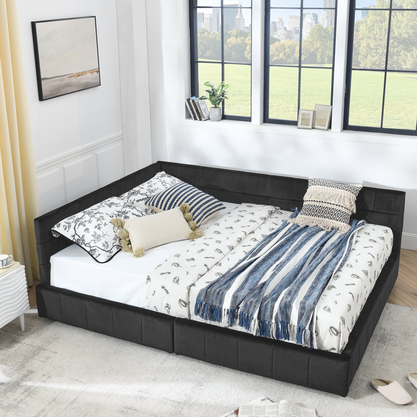 Queen Size Storage Upholstered Tufted Bed Frame, Sofa Bed Frame with Comfortable Backrest and Armrests, Queen Size Bed for Bedroom, Living Room,Velvet, BLACK(85.5''*64.5''*29.5'') image 5