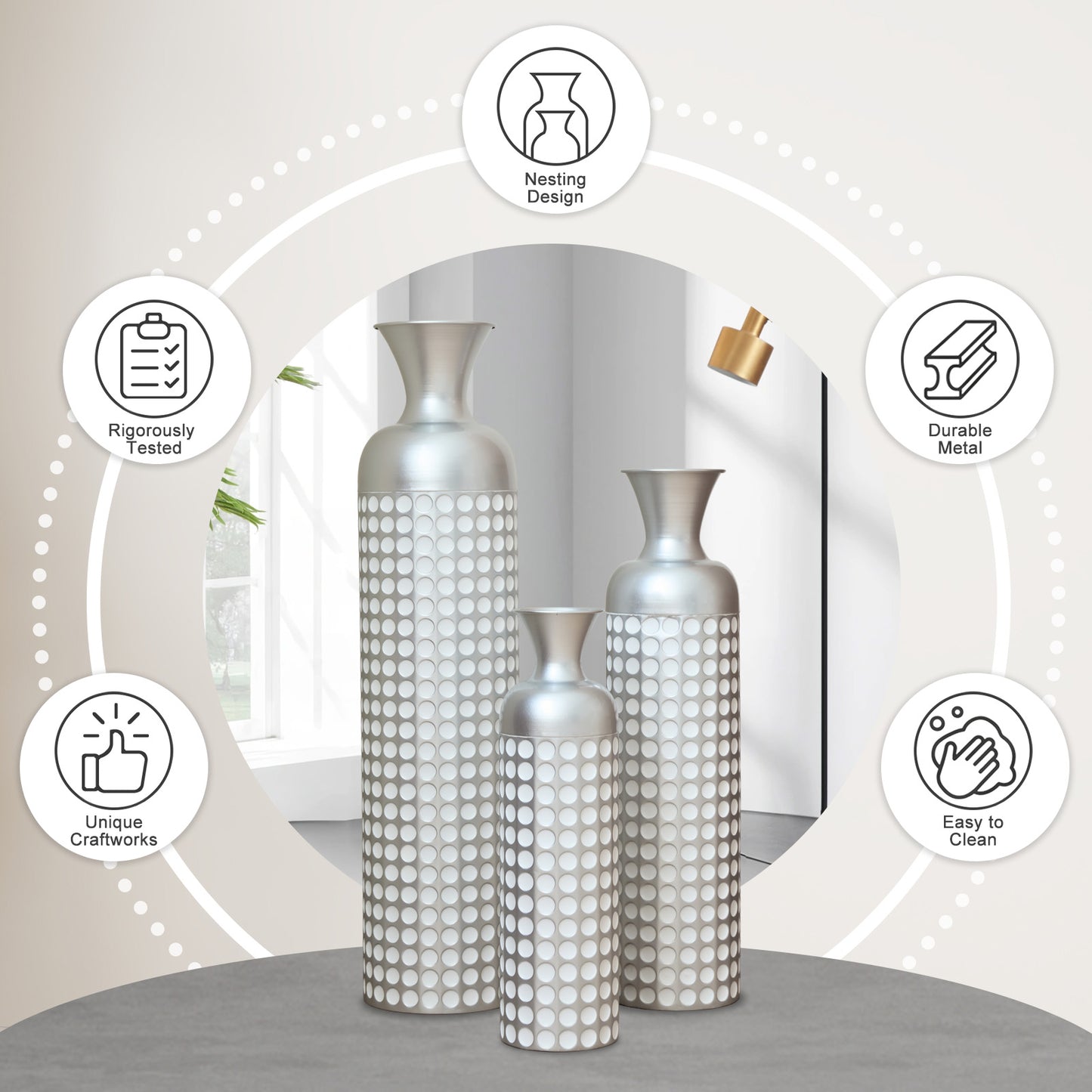 3 Pack Silver Metal Vase Set, Nested Semi-Handcrafted Embossed Vases, Modern Decorative Centerpieces for Home, Floor, Living Room, Fireplace, Not Waterproof image 2