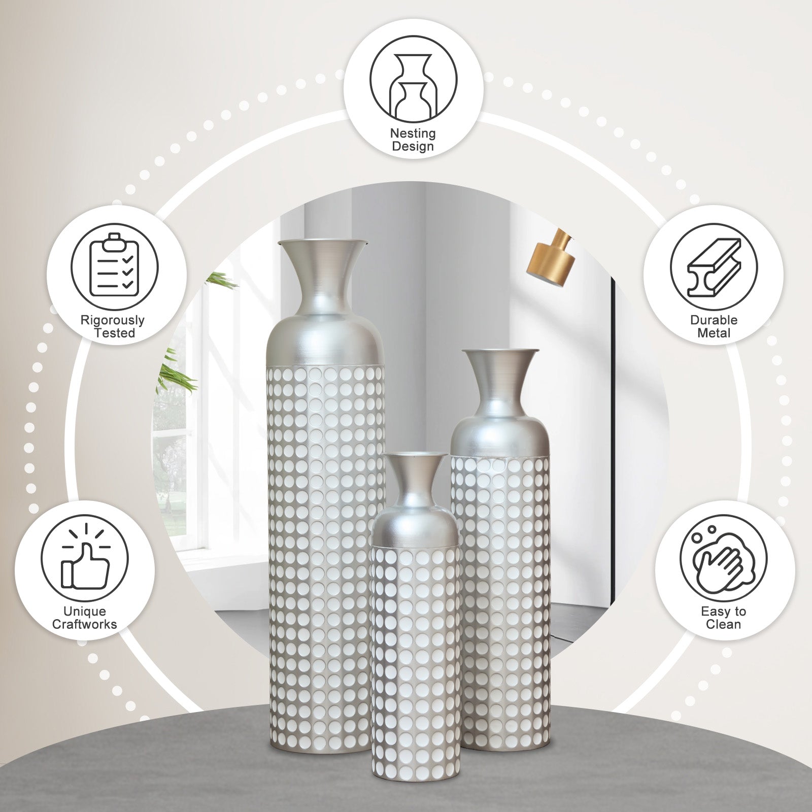3 Pack Silver Metal Vase Set, Nested Semi-Handcrafted Embossed Vases, Modern Decorative Centerpieces for Home, Floor, Living Room, Fireplace, Not Waterproof image 2