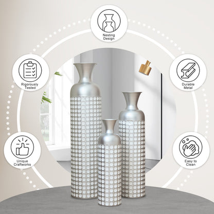 3 Pack Silver Metal Vase Set, Nested Semi-Handcrafted Embossed Vases, Modern Decorative Centerpieces for Home, Floor, Living Room, Fireplace, Not Waterproof image 2
