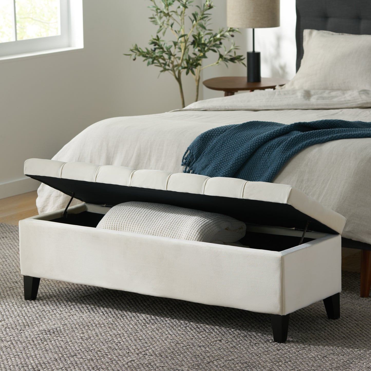 Button - Tufted and Diamond - Stitched Storage Ottoman, Beige image 9