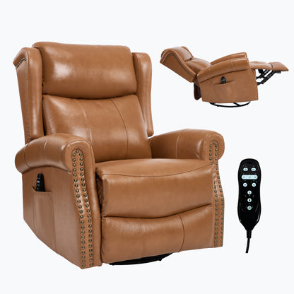Heat Massage Manual Recliner Chair with Rocker and Swivel in Genuine leather for Living Room, Yellow image 6