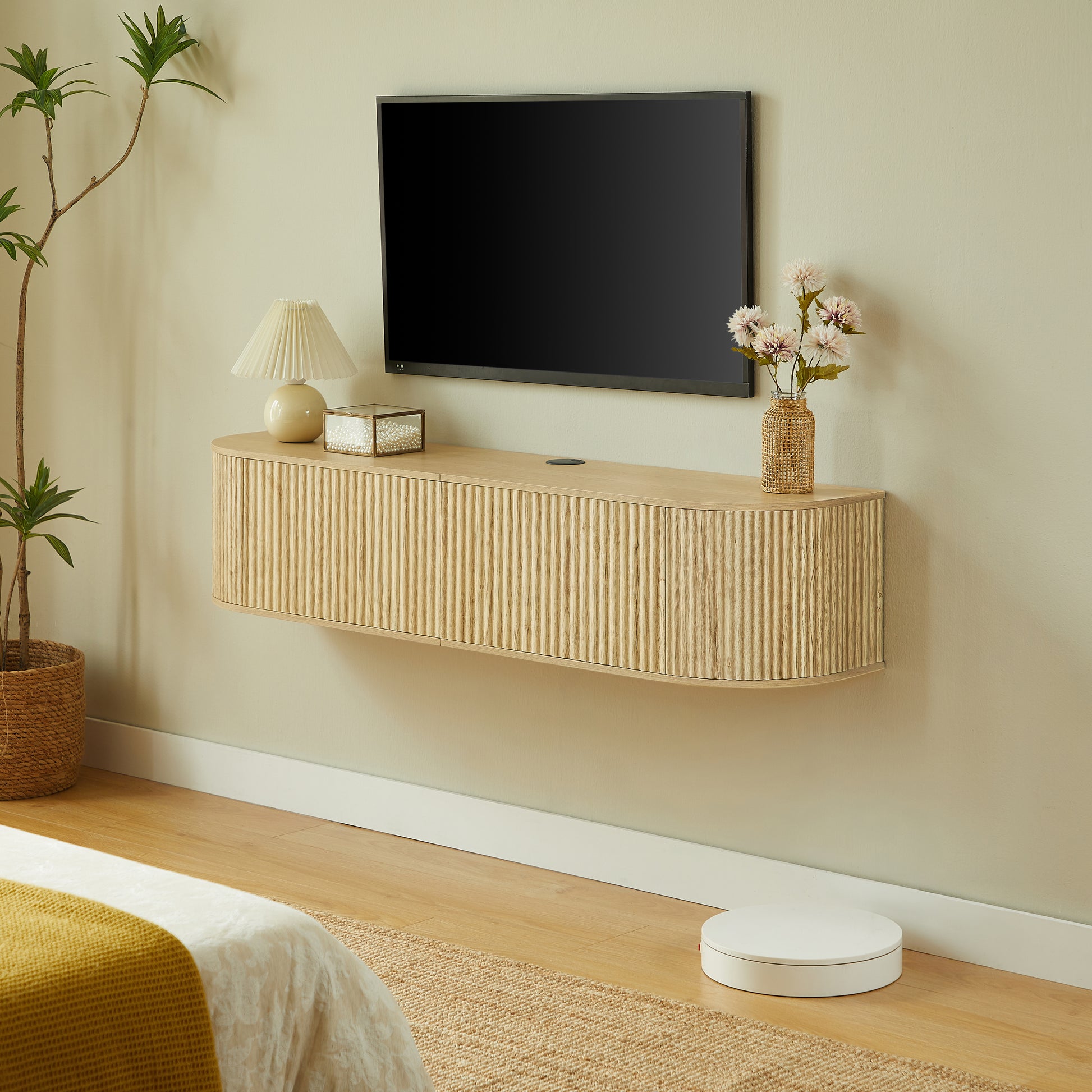 55" Wall Mounted Floating TV Cabinet with Fluted Doors, Large Capacity Media Console with Cable Management Holes for Living Room Bedroom, Compatible with Various Home Styles,Naturaal image 2