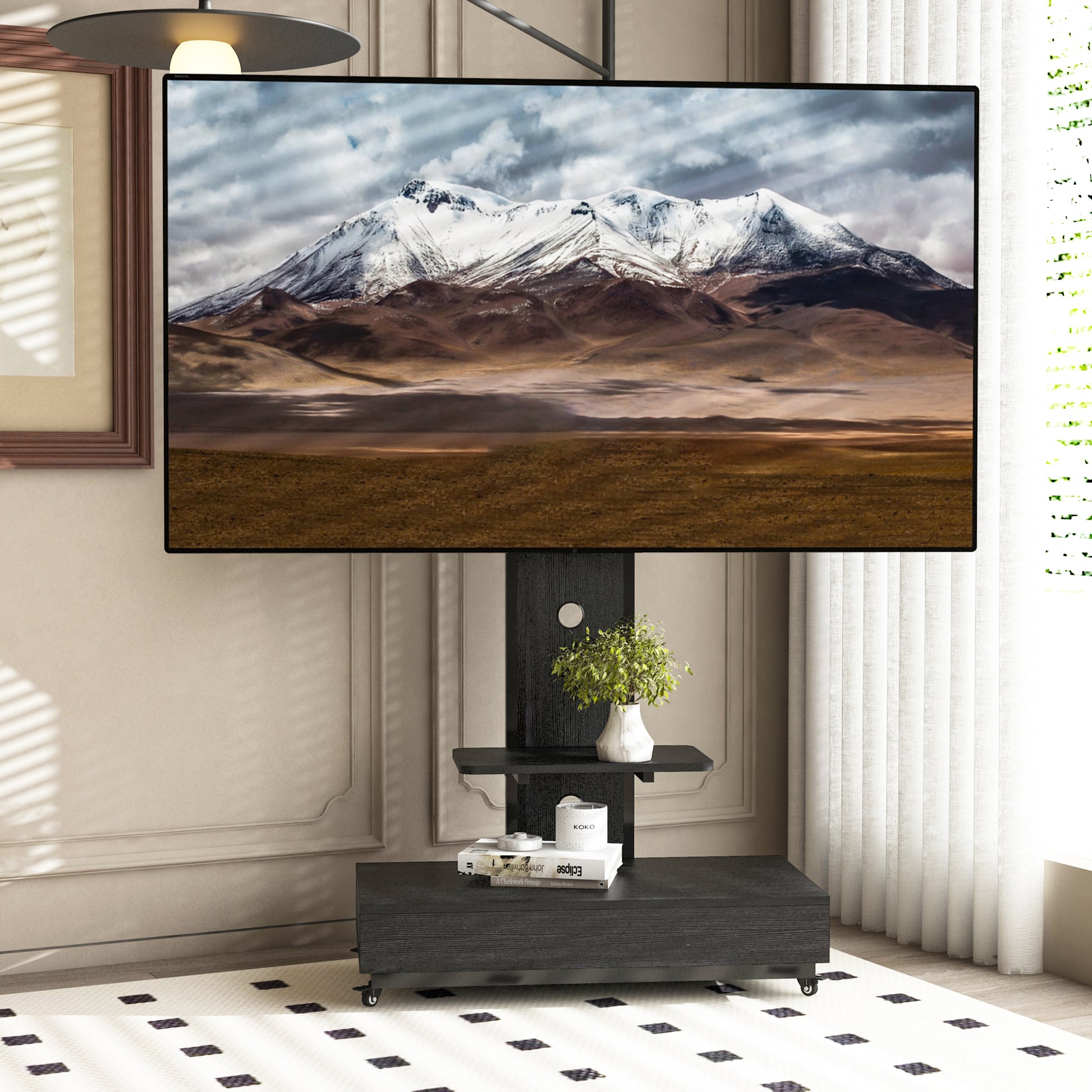 TV stand with push-pull drawer for Living Room, Bedroom,Offices,Mobile TV Cart for 32-75 inches,Floor Stand with Mount on Lockable Wheels,Black image 1