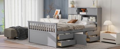 Full Size Captain Platform Bed Frame with Storage Bookcases and Shelves,Four Drawers,Gray image 11
