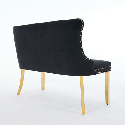 Velvet Double Dining Loveseat Bench, Kitchen & Dining Seating, 2-Seat Tufted Bench w/Handmade Buttons, Wing Back, Gold-Plated Steel Legs, Mid Century Modern,Single Pack,Black,SW1602BK image 6