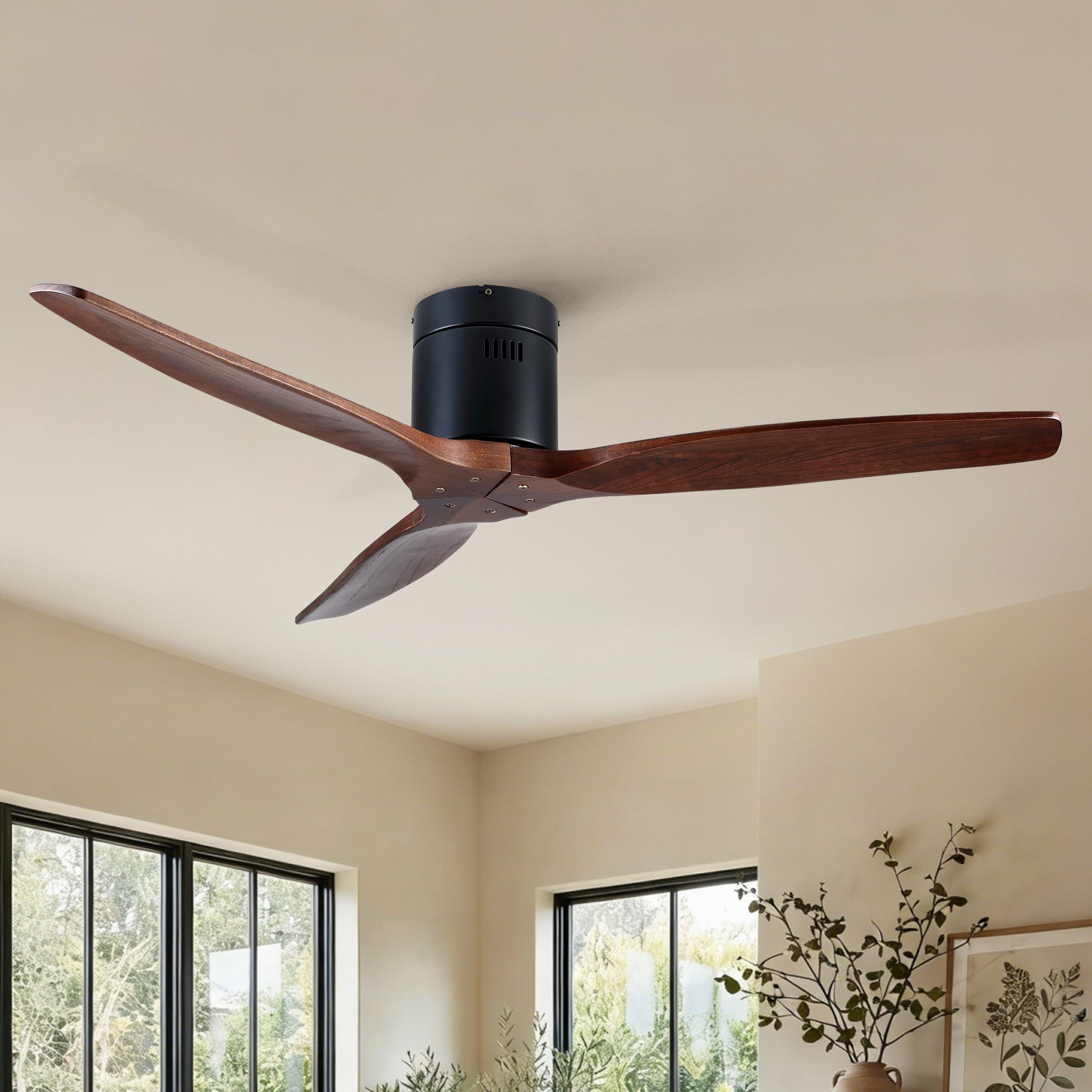 52 inch Indoor Farmhouse Rustic Ceiling Fan Matte Black with 3 Solid Wood Blade Remote Control Reversible DC Motor image 1