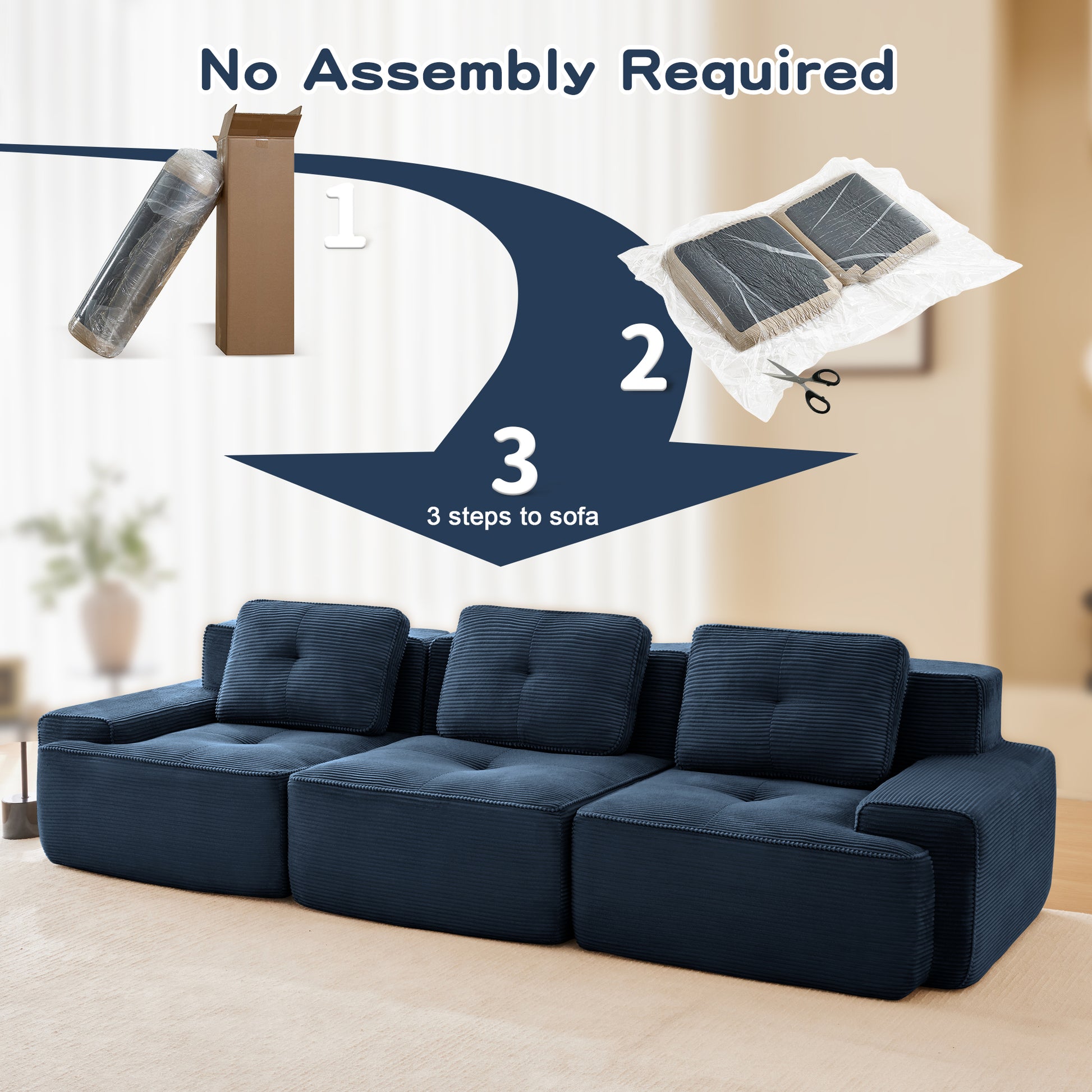117" Modern Modular Sectional Sofa for Living Room, Corduroy Fabric,Oversized 3-Seater Couch with Deep Seat, Pearl-like piping, Tufted Design,Buckle connection,No Assembly,Anti-slip Design,Blue image 5
