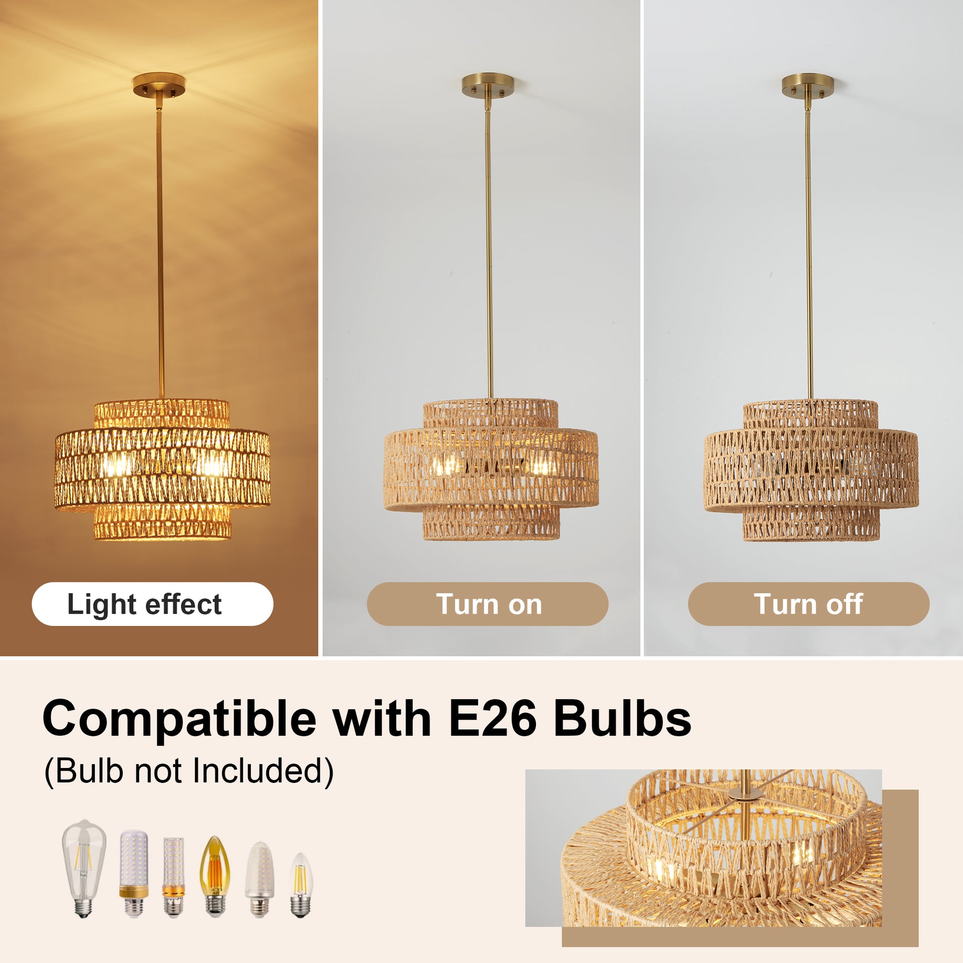 17.7" Boho Rattan Chandelier for Dining Room Light Fixture, 5-Light Hand Woven Wicker Pendant Light Fixture, Farmhouse Rustic Hanging Chandelier for Dining Room, Kitchen Island, Living, Bedroom image 5