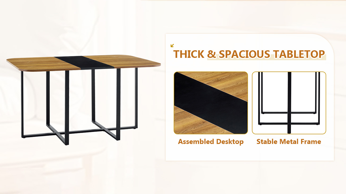 7-Piece Rectangular Dining Table Set, Fixed Two-Tone Wood Grain & Black Triamine Tabletop with 6 Black PU Leather Chairs, Modern Kitchen Table Set for 6 People, Ideal for Small Spaces, Apartment image 8