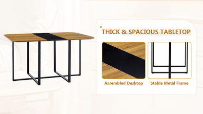7-Piece Rectangular Dining Table Set, Fixed Two-Tone Wood Grain & Black Triamine Tabletop with 6 Black PU Leather Chairs, Modern Kitchen Table Set for 6 People, Ideal for Small Spaces, Apartment image 8